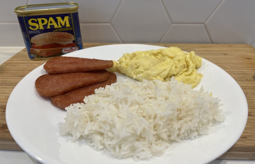 Breakfast: Fried Spam with scrambled eggs and rice