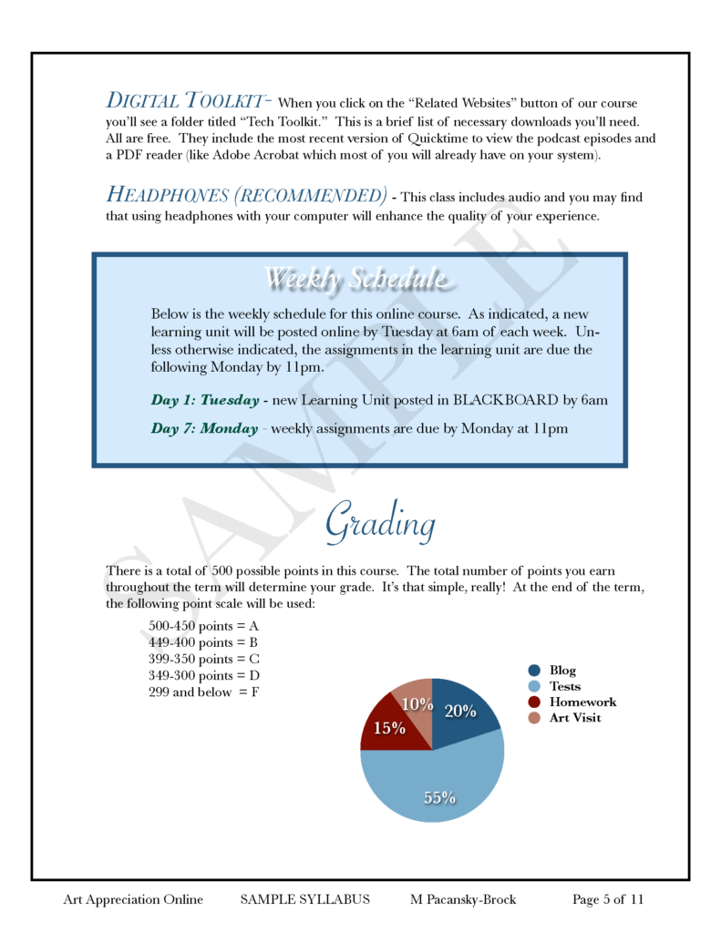 The image shows a page with text and graphics related to an algebra class. At the top, there is a header with the words “ALGEBRA I (HONORS)” followed by details of the course, including room number and instructor information. Below this, there is a section titled “Homework Policy” which outlines the expectations for homework submission and grading criteria. In the middle of the page, there is a blue box containing text about “Absent Work” policy explaining how to handle missed assignments due to absences. At the bottom of the page, there is a pie chart labeled “Grading” showing the percentage breakdown of grades into categories: Tests 50%, Quizzes 20%, Homework 15%, Classwork 10%, and Projects 5%. The footer contains contact information for an Algebra teacher.