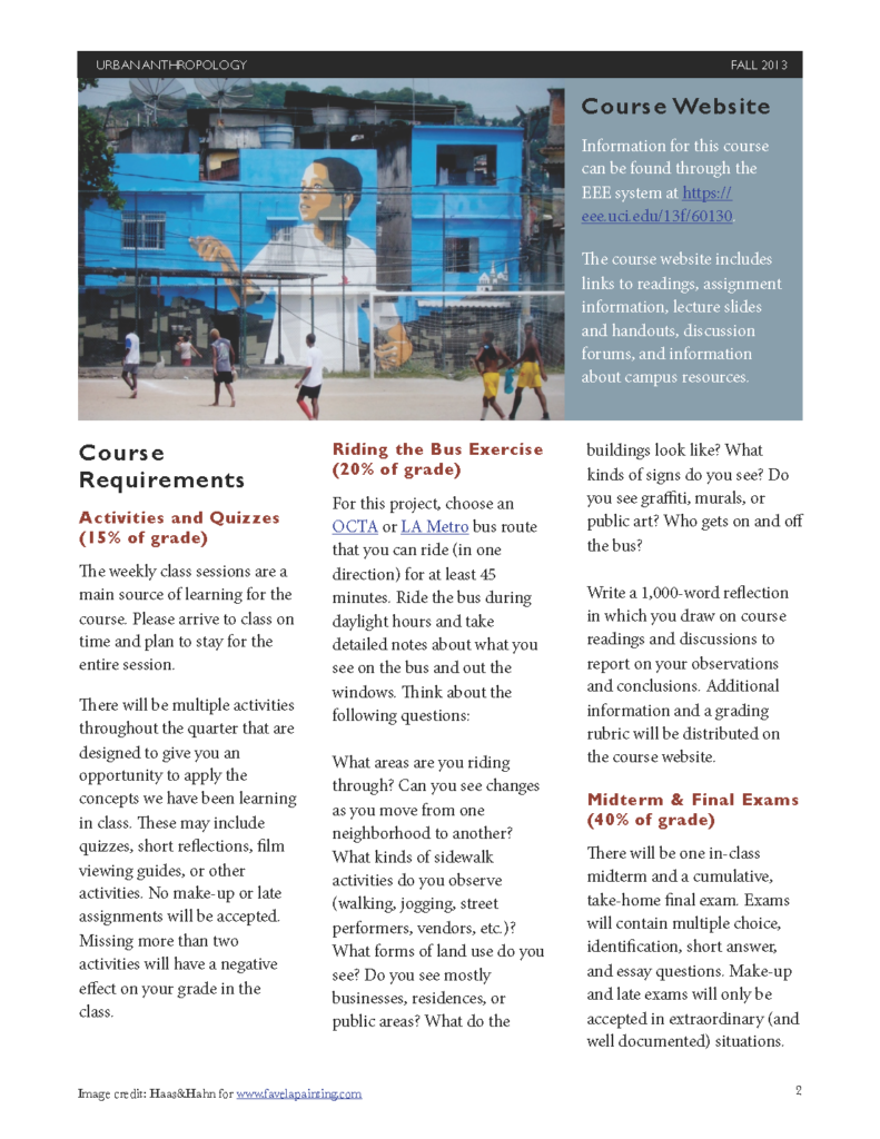 The image shows a page from a course syllabus or informational booklet. The left side of the page features a photograph of people walking in front of a building with blue and white walls, partially covered by scaffolding. The right side contains text related to the course, including sections titled “Course Requirements,” “Riding the Bus Exercise,” and “How to Help Your Work Get Out There.” There is also a sidebar with additional text under the heading “Course Website.”