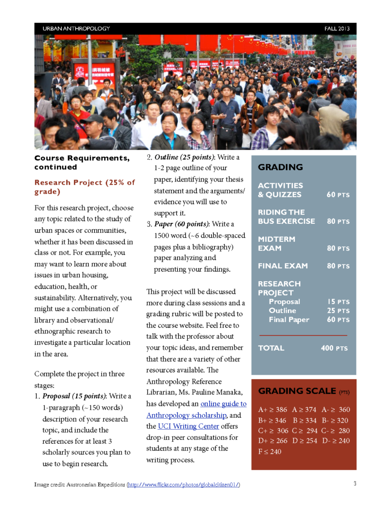 The image shows a crowded area with numerous individuals gathered, possibly for an event or protest, as indicated by the banners and signs they are holding. The setting appears to be outdoors during the daytime. There is a large red banner in the background with white text that is not fully legible due to the angle and distance. The crowd consists of people of various ages and attire, suggesting a diverse group. In the foreground, there is an overlay of text resembling a syllabus or course requirement document. It includes sections titled “Course Requirements,” “Activities,” “Grading,” and “Grading Scale.” Each section lists different components such as “Research Project (30% of grade)” under Course Requirements, various activities with their respective points like “Midterm Exam - 80 pts” under Activities, and letter grades associated with percentage ranges under Grading Scale.