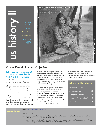 A syllabus for a course titled “US History II.” It includes sections such as the course description and objectives, course requirements, grading policy, and what is on the syllabus. There is also a black and white photograph of an individual whose face has been pixelated for privacy. The individual appears to be seated and working with some material in their hands.