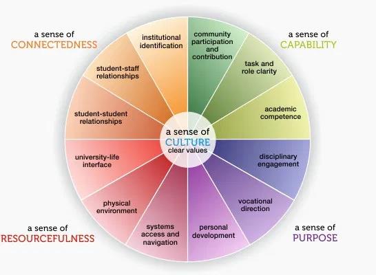 a pie chart showing 4 areas: a sense of connectedness, a sense of capability, a sense of resourcefulness, and a sense of purpose