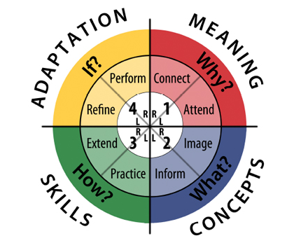 The image displays a circular diagram with a gradient of colors ranging from yellow at the top, green on the left, red at the bottom, to blue on the right. Overlaying this color gradient are two intersecting axes, vertical and horizontal, dividing the circle into four quadrants. Each quadrant is labeled with a word: “SKILLS” in the lower left, “CONCEPTS” in the lower right, “MEANING” in the upper right, and “ADAPTATION” in the upper left. There are question marks placed near each label: one next to “SKILLS,” two next to “CONCEPTS,” three next to “MEANING,” and four next to “ADAPTATION.” This diagram appears to be a conceptual framework used for educational or psychological purposes to categorize different aspects of learning or cognitive processes.