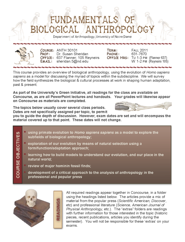 A syllabus for a course titled “Fundamentals of Biological Anthropology.” It includes sections such as course information, instructor information, course description, course objectives, required texts, and grading policy. The syllabus outlines the structure and expectations of the course, which focuses on human evolution and adaptation.