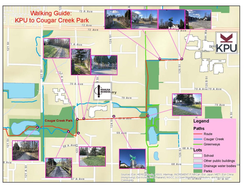 Walking guide from KPU Surrey to Cougar Creek, showing the greenway zone (by Rick Feng)   