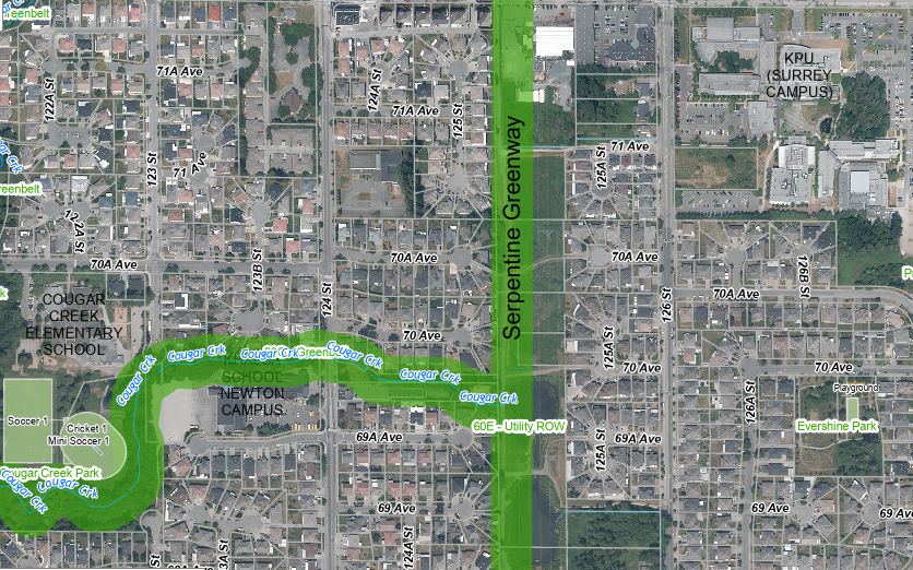 Map of section of the Serpentine Greenway near KPU Surrey Campus (Hayward, 2025)